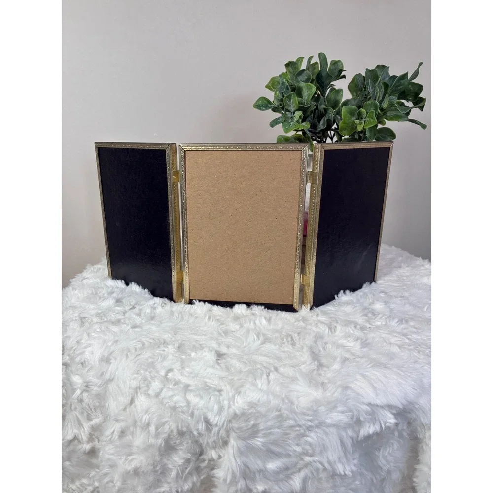 Vintage Gold Metal Triple Folding Picture Frame Triptych Beaded 5x7 Tabletop